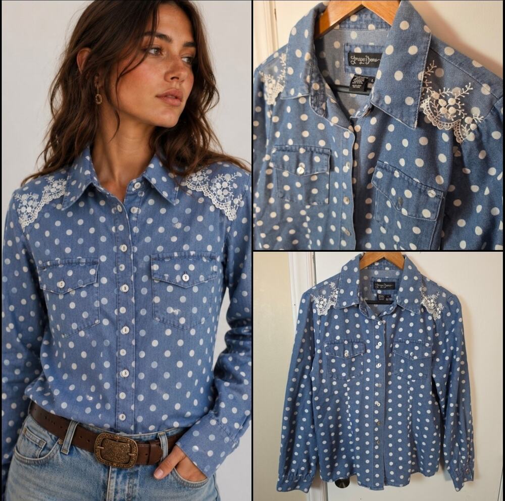Cotton Polka Dot Lace Denim Chambray Button Shirt Sz L Coastal Country Cottage